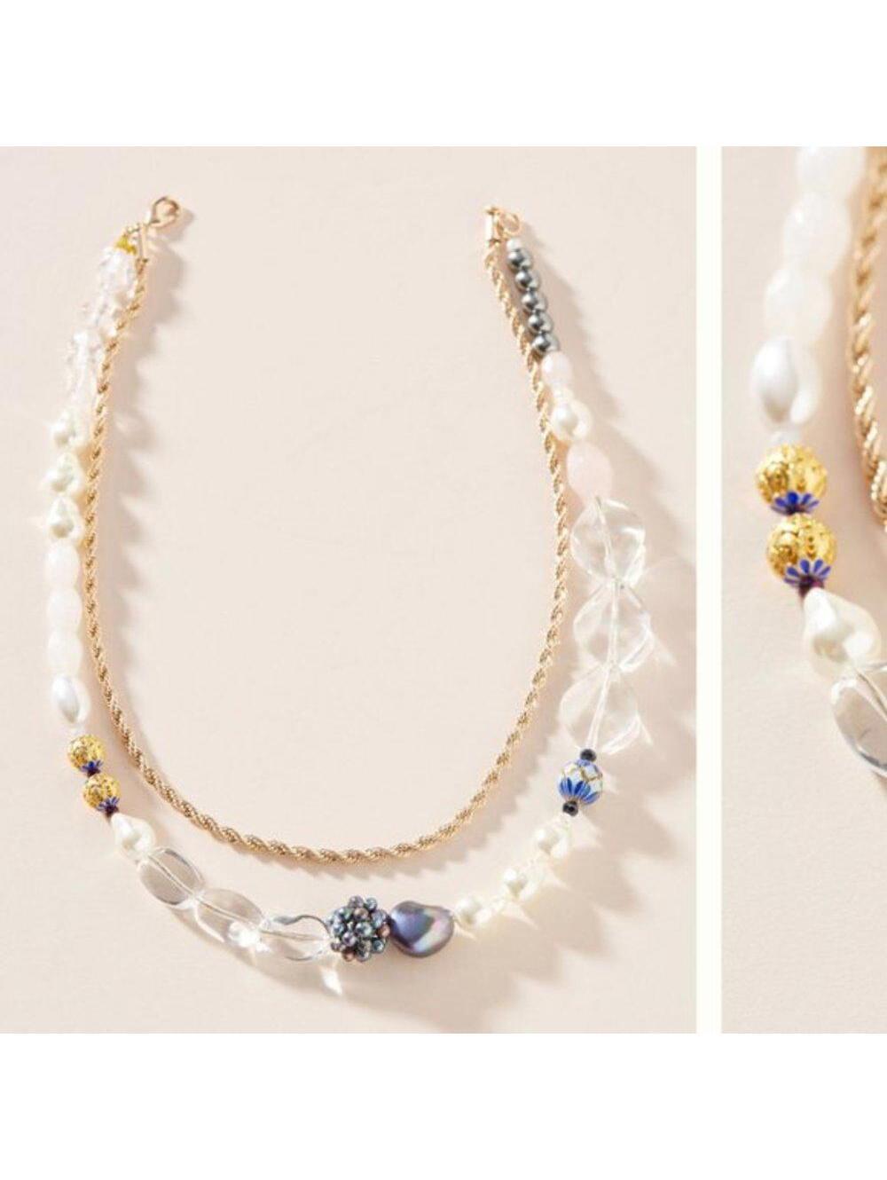 Anthropologie Pearl Layered Necklace freshwater pearls clear quartz rose quartz
